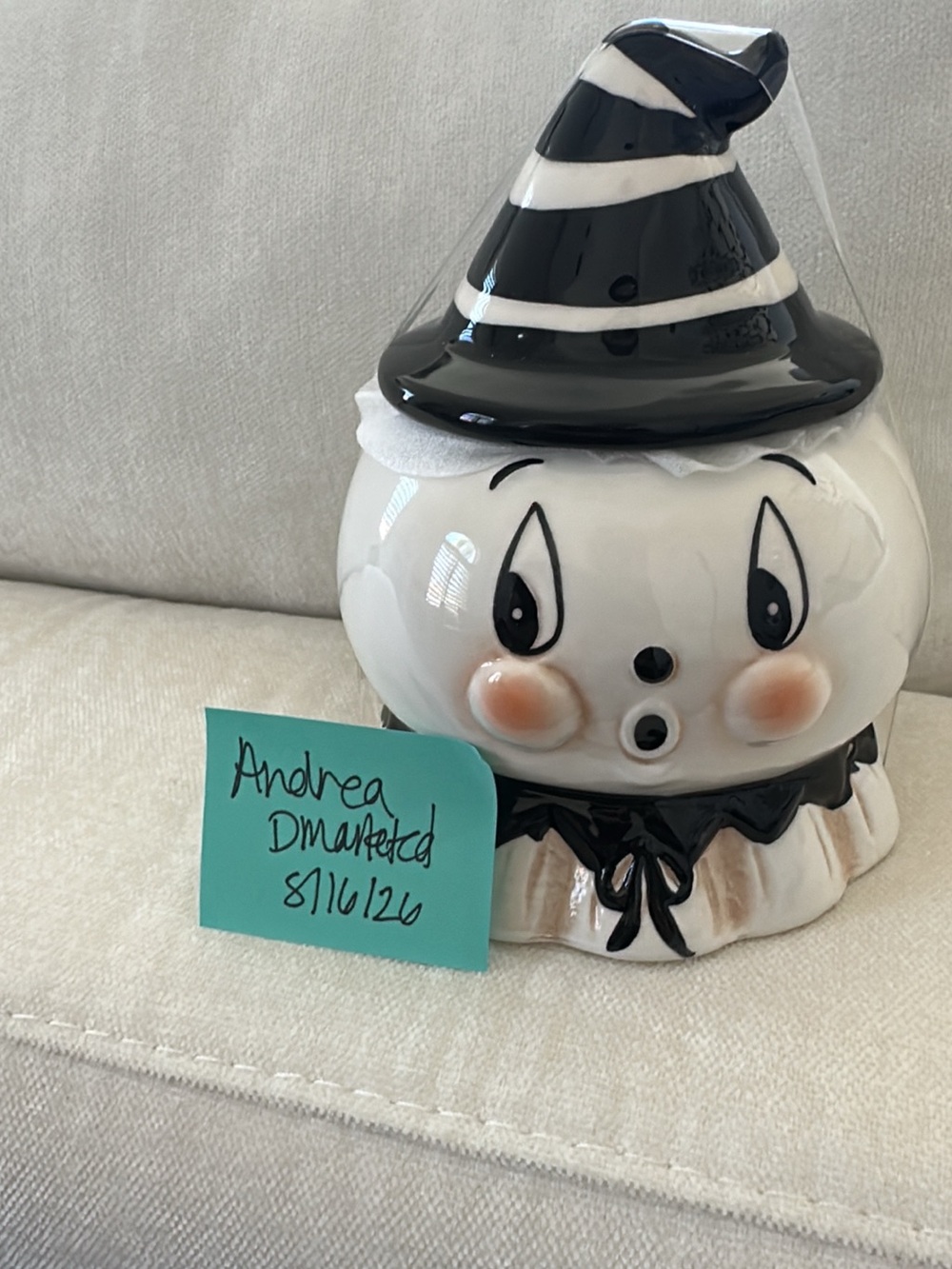 Johanna Parker Ceramic Halloween carnival Gus ghost Cookie Jar - Black and White
